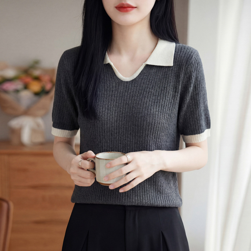 Soft and Versatile Knit Top, Regular Shoulder Short-Sleeve T-Shirt for Women, Color-Blocking Fashion Striped U-Neck Half-Sleeve Casual Base Shirt Top