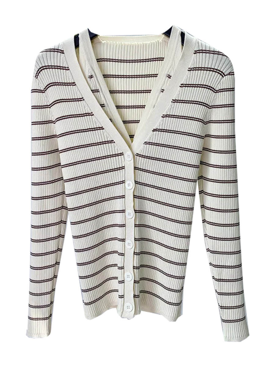 French-Style S Brand 2026 Spring/Summer New Versatile Color-Block V-Neck Faux Two-Piece Knitted Cardigan Slimming Top