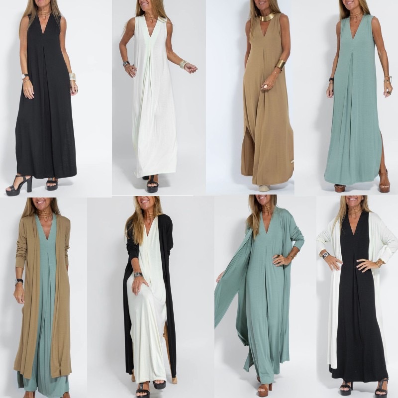 Cross-Border Amazon Independent Site European and American 2026 New Solid Color Pullover V-Neck Dress Cardigan Coat Set for Women