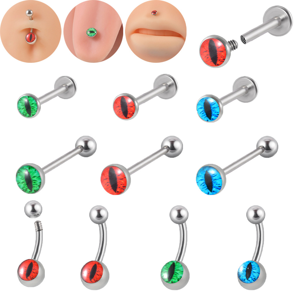 Cross-Border blue eyes drop oil stainless steel external thread tongue nail belly button nail demon eyes inner teeth lip ring jewelry