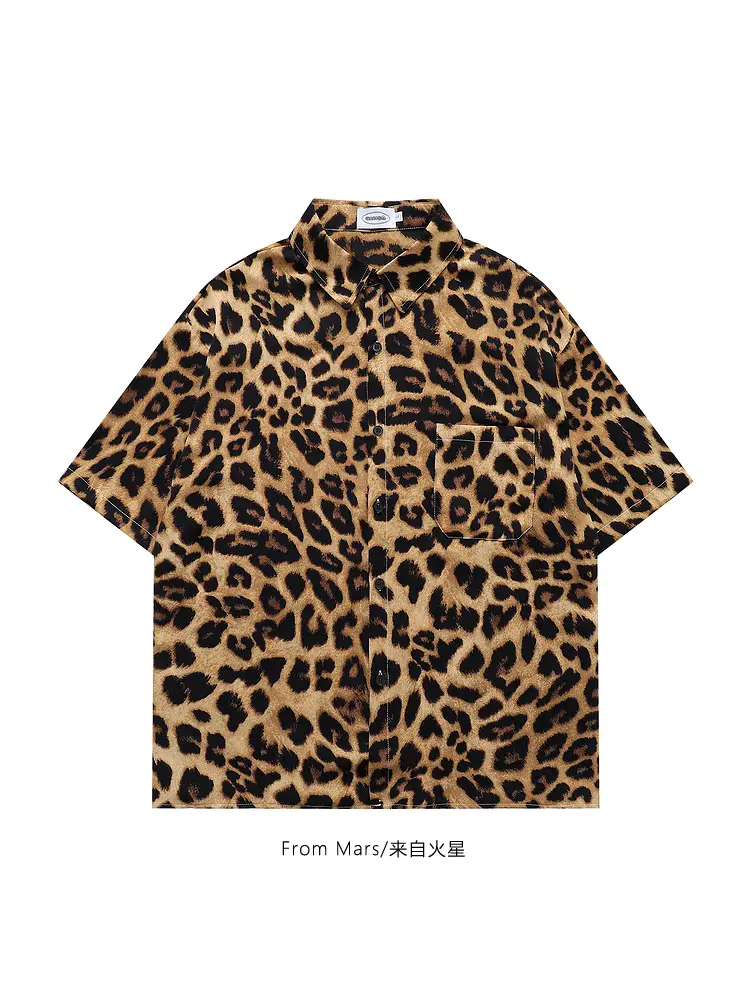 From Mars Carefully Collects Street-Style Retro Leopard Print All-Over Print Cool and Handsome Summer Casual Loose Short-Sleeved Shirts