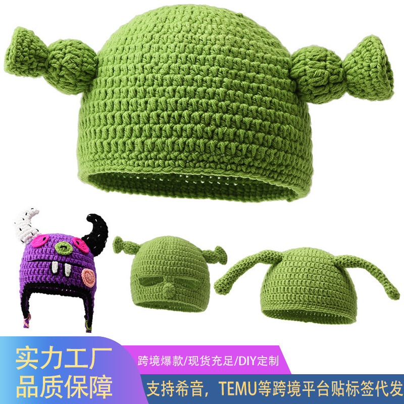 Funny Warm Woolen Hat for Women in Autumn and Winter with Long Braids Green Knitted Pullover Hat Trendy Thickeneded with Eyes and No Eyes