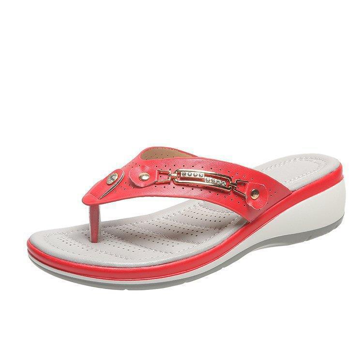 Large Size Rhinestone Metal Buckle Thong-Toe Platform Sandals for Women, Summer Studded Wedge Casual Beach Slippers Wish