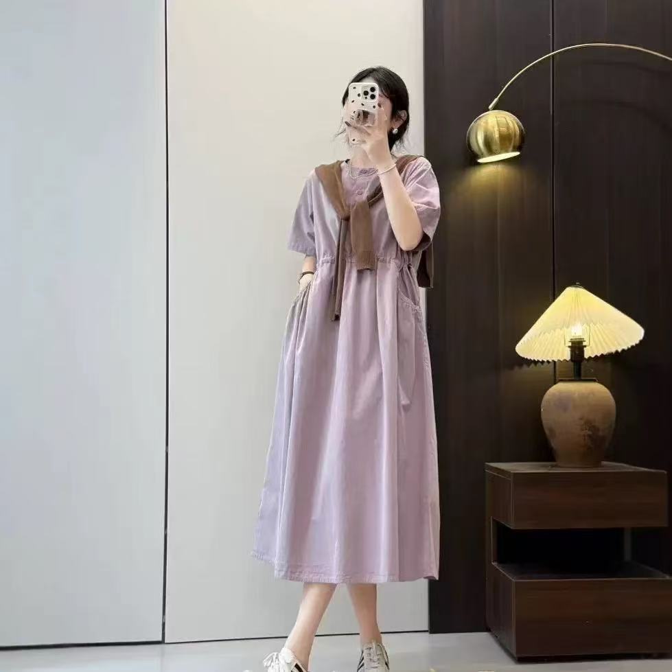 Artistic Elegant dress Short-sleeved Solid Color Simple Loose Large plus size Long Skirt with Loose Waist Strap