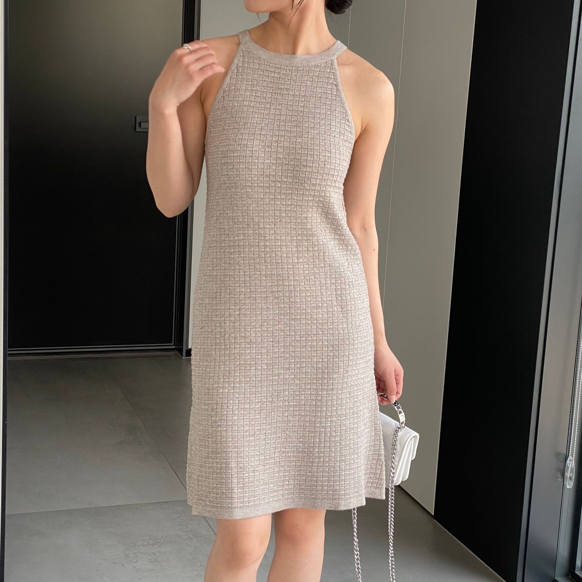 Jiuzhi Waffle Halterneck Vest Dress French Suspender Skirt Summer Sexy Elegant Dress B2006