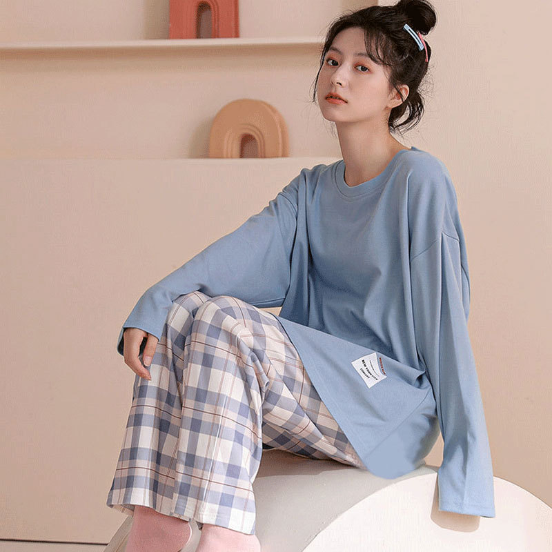Autumn and Winter Women's Pajamas Long-sleeved Korean-style Fashionable Simple High-face Value Spring and Autumn Long-sleeved Trousers suit Can Go Out