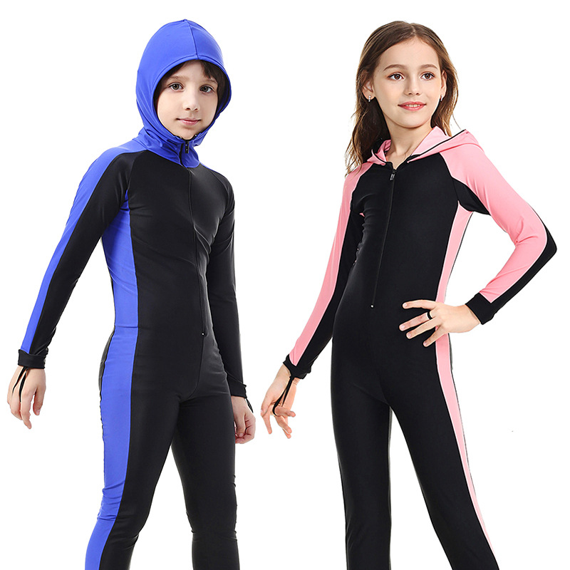 Children's Swimwear Men's and Women's One-piece Long-sleeved Hooded Sunscreen Swimwear Wholesale Suit Surf Suit Girls Boys Big Children
