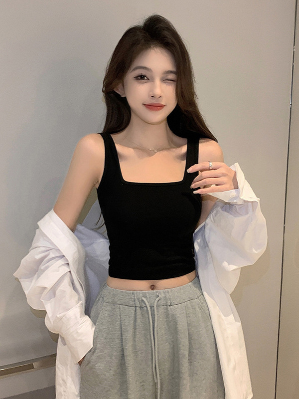 25 Pure Cotton Square-Neck Cropped Camisole Women's Slim-Fit Design with Wide Shoulder Straps, High-Waisted Base Shirt Top