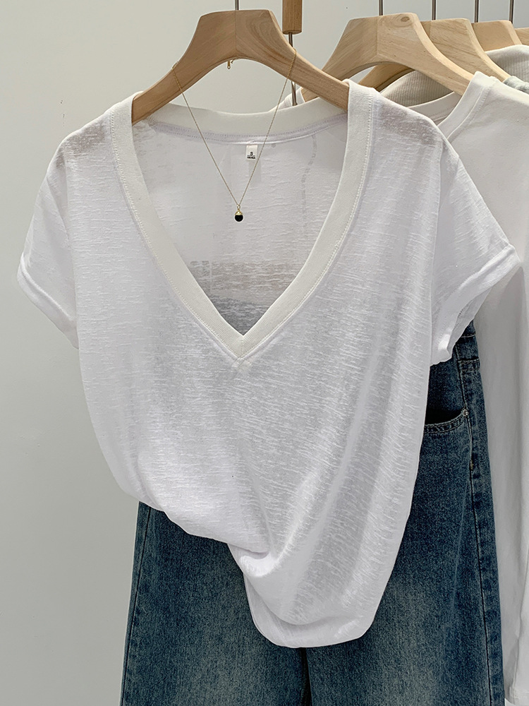 European Hot-Selling White V-Neck Snowflake Cotton-Linen Short-Sleeve T-Shirt for Women, Summer 2026 New Style, Slightly Sheer, Pure Desire Hot Girl Top