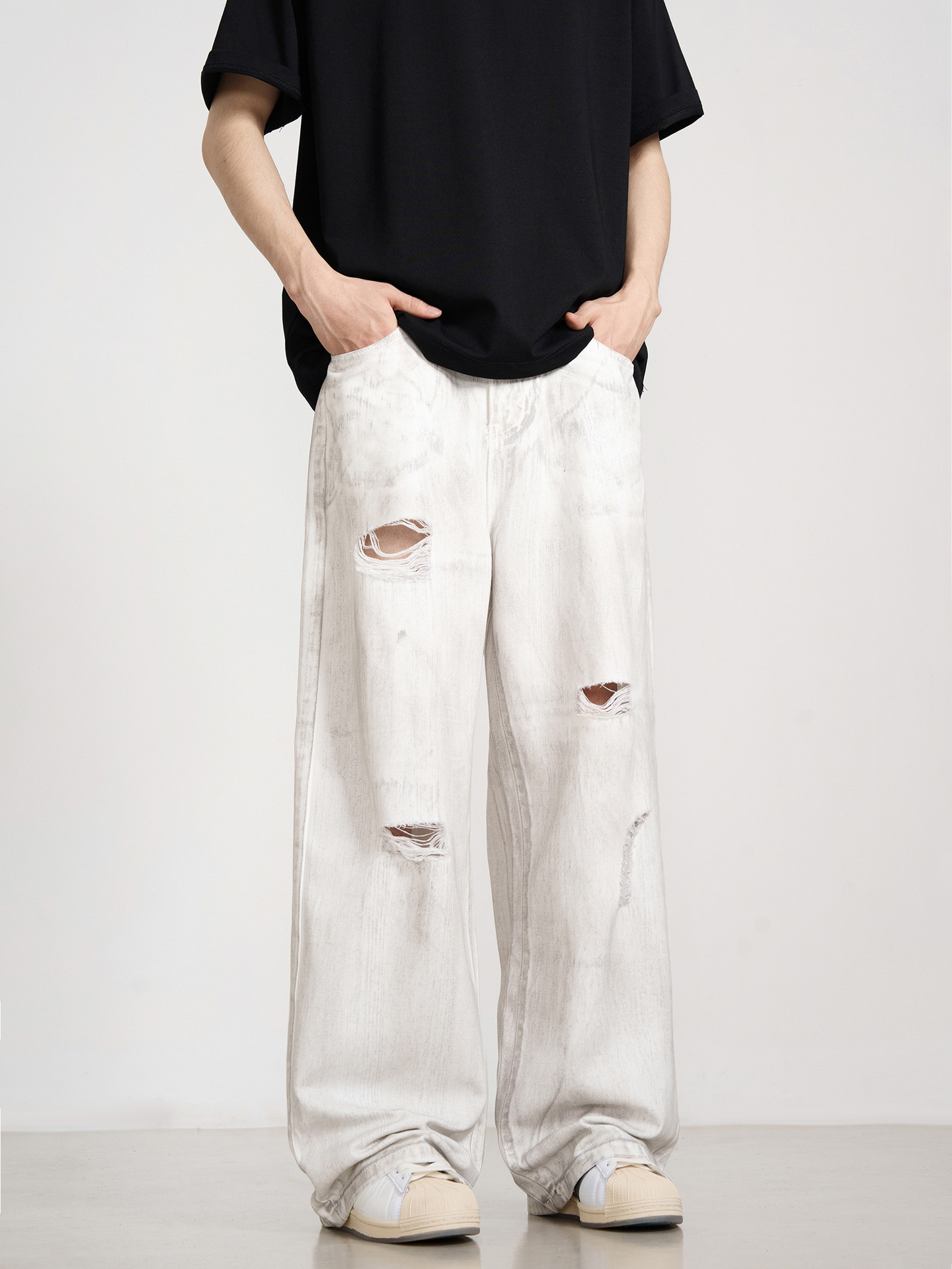 Summer American Style Vintage Washed Old Ripped Jeans Men's and Women's Loose Straight Dipped Wide Leg Pants Trendy Brand