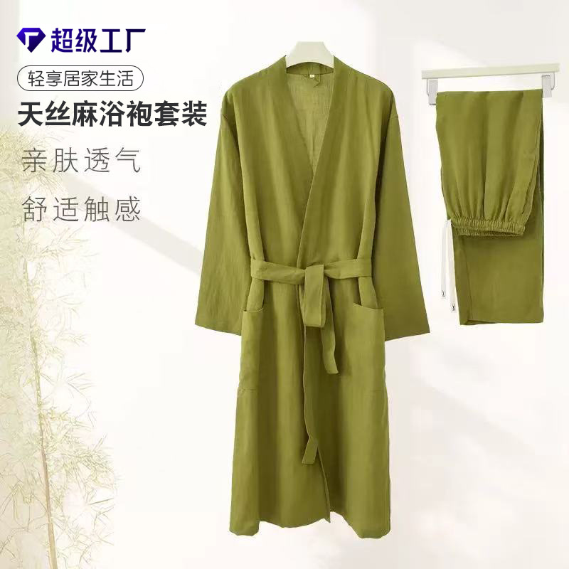 Spring and Summer Thin Gastrodia Linen Bathrobe Bathrobe suit Pants Home Clothes Pajamas Nightgown Couple Men and Women Outer Wear