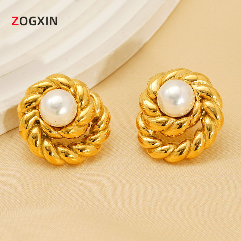 Cross-Border New Pearl Earrings for Women, Accessible Luxury and High-End 18K Asymmetrical Twist Titanium Steel Earrings, Non-Fading Jewelry