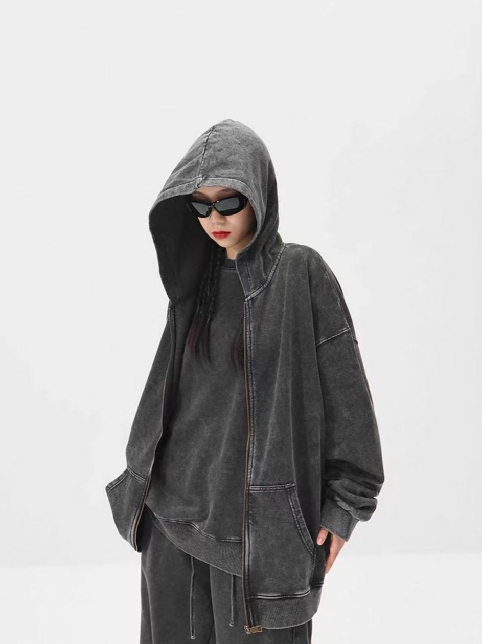 Cross-border blockbuster 400g terry zipper men's sweater Europe and the United States loose wash water old Hoodies couple hoodie