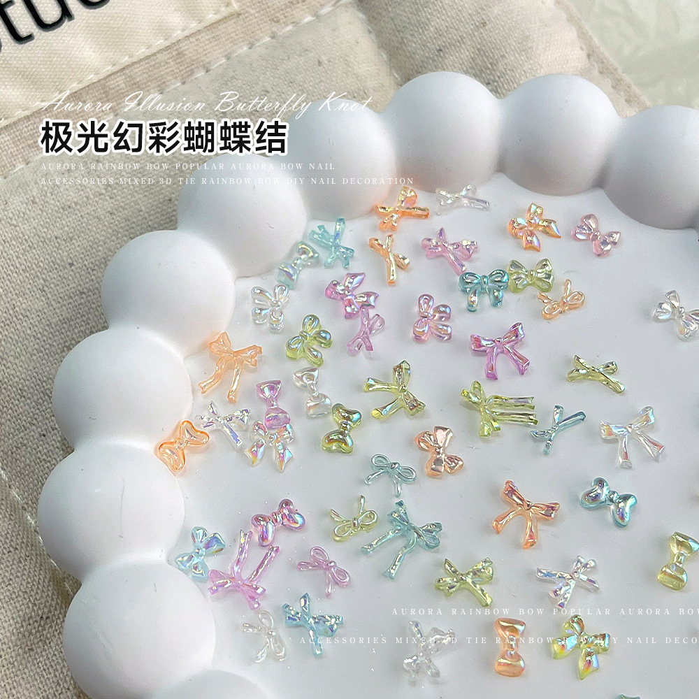 Popular Nail Art Accessories Ice Transparent Aurora Fantasy Bow Popular Super Fairy Stereo Bow Resin Diamond Nail Accessories