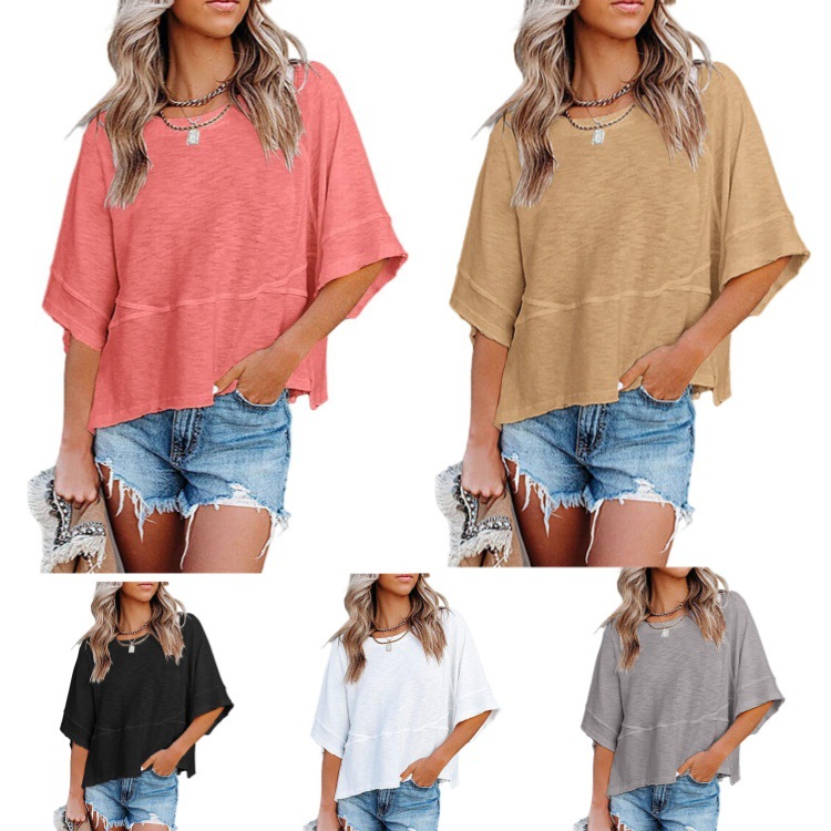 2026 Amazon Cross-Border Summer New European and American Style Patchwork Solid Color Round Neck Loose Top T-Shirt with Five-Point Flared Sleeves