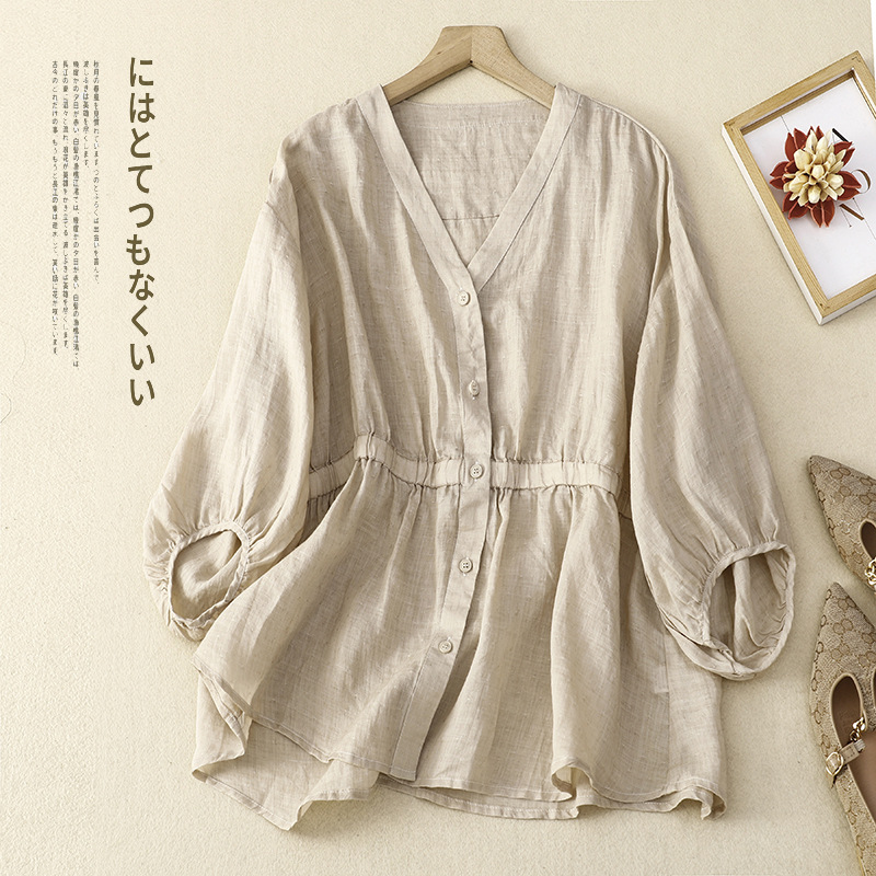 2026 Spring New Cotton and Linen V-Neck Waist-Cinching Half-Sleeve Shirt for Women, Loose Fit, Slimming, Versatile Cotton and Linen Top, Trendy