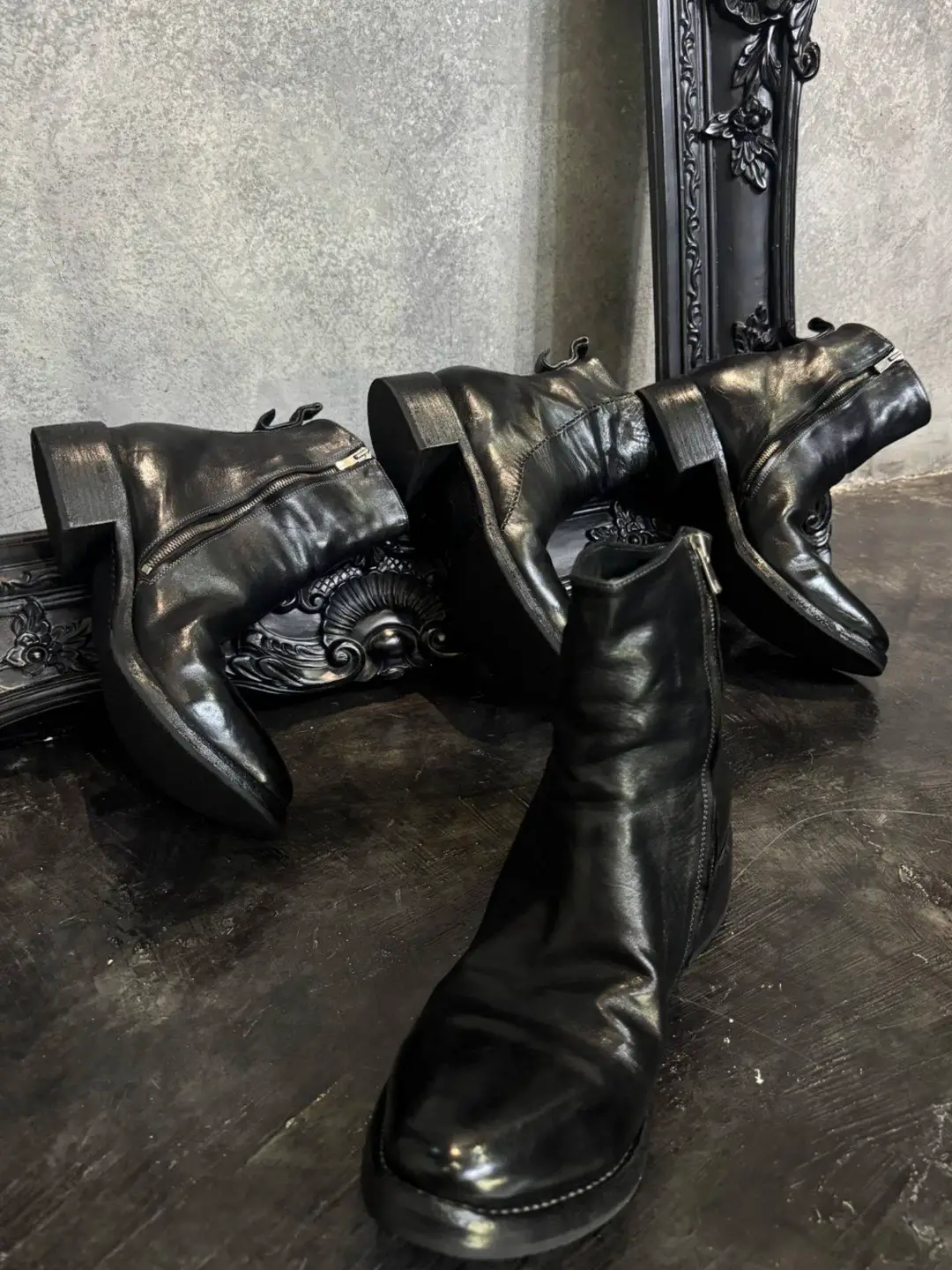 Dark Washed Short Boots, Vintage Pleated Riding Boots, Side Zipper Short Boots, Pointed Toe Wizard Boots, Raised Toe, Thick Heel, Height-Increasing