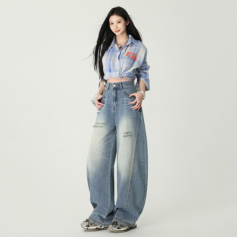 American Retro Washed High-Waisted Loose Wide-Leg Pants Versatile Ripped Straight Scythe Slimming Jeans for Women