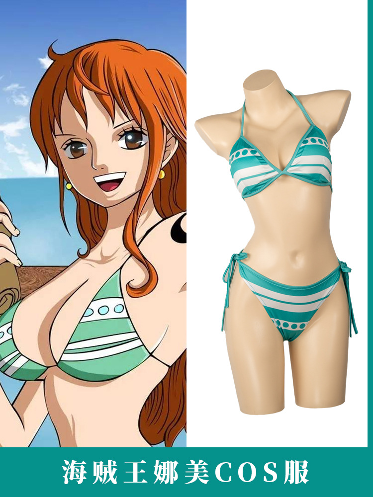 One Piece Cos Clothing Luffy Nami Intimates Cosplay Women's Green and White Stripesd Swimsuit Clothes Cosplay