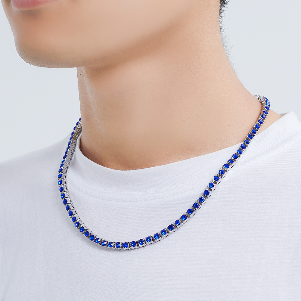 European and American Cross-Border Hip-Hop Rhinestone Necklace, High-End Tennis Necklace, Trendy Brand Men's Light Luxury Blue Diamond Necklace Wholesale