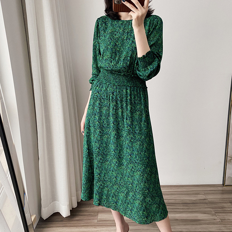 Yixing Spot Retro Floral Green Hong Kong Style Greek Style Fairy Floral Skirt Green Dress Dropshipping