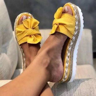 Independent Site Cross-Border Large-Size Bowknot Women's Slippers with Thick-Soled Wedge Beach Shoes and Jute Rope Sole Casual Peep-Toe Slippers