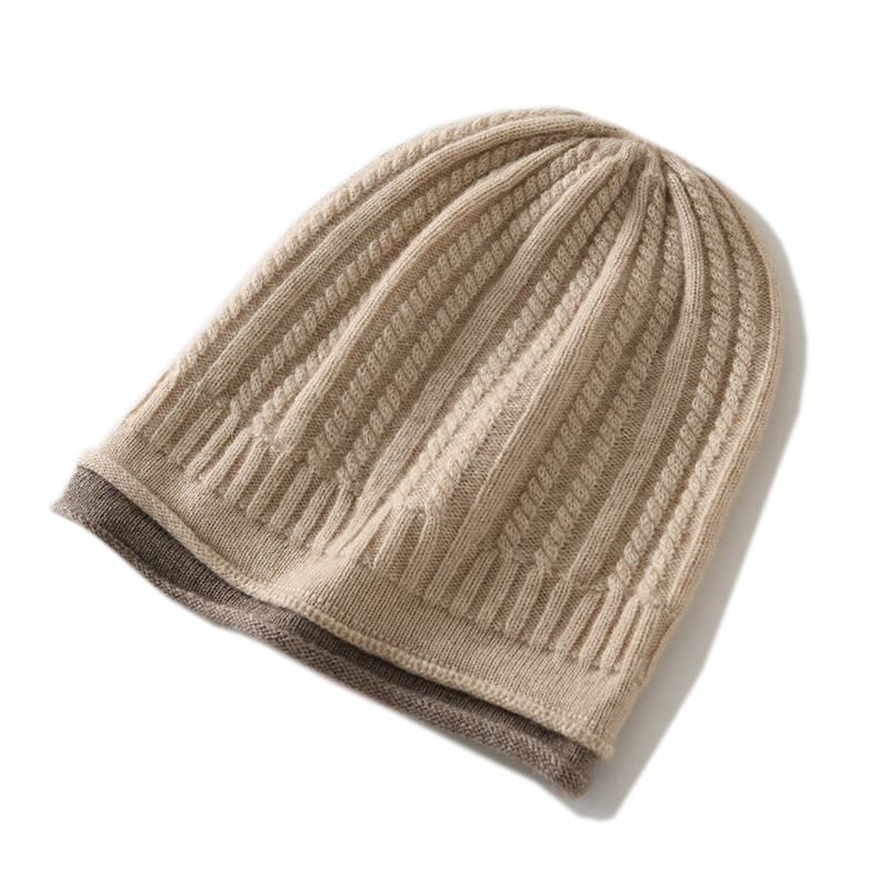 Winter Cashmere Hat Women's Stitching Color-matching Cashmere Knitted Wool Hat Big Head Wrap Heap Pile Ear Protection Cold Hat
