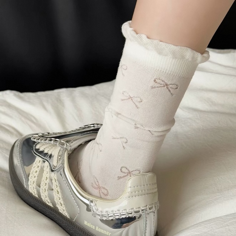 White Bow Socks for Women, Mid-Calf Socks, Summer Thin Style, Miu-Style Ballet Style Slouch Socks, Pure Cotton Breathable Long Socks