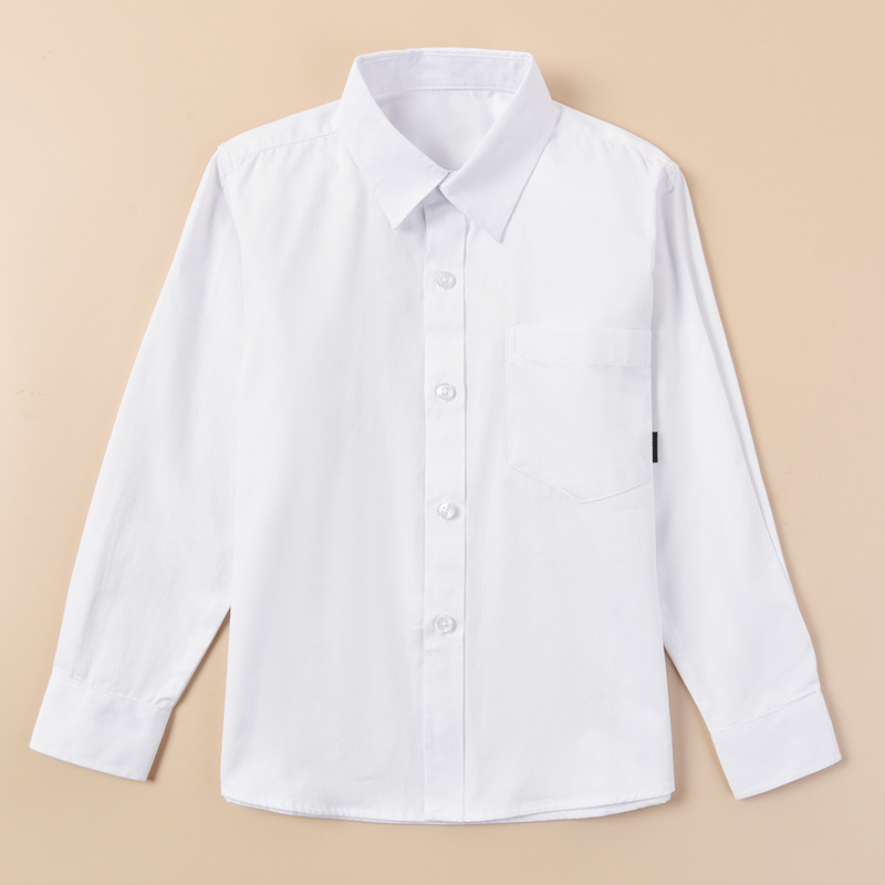 Boys' Pure Cotton White Shirt Spring and Autumn School Uniform for Primary School Students Table Performance Clothing Large Children's Long Sleeve White Shirt Trendy