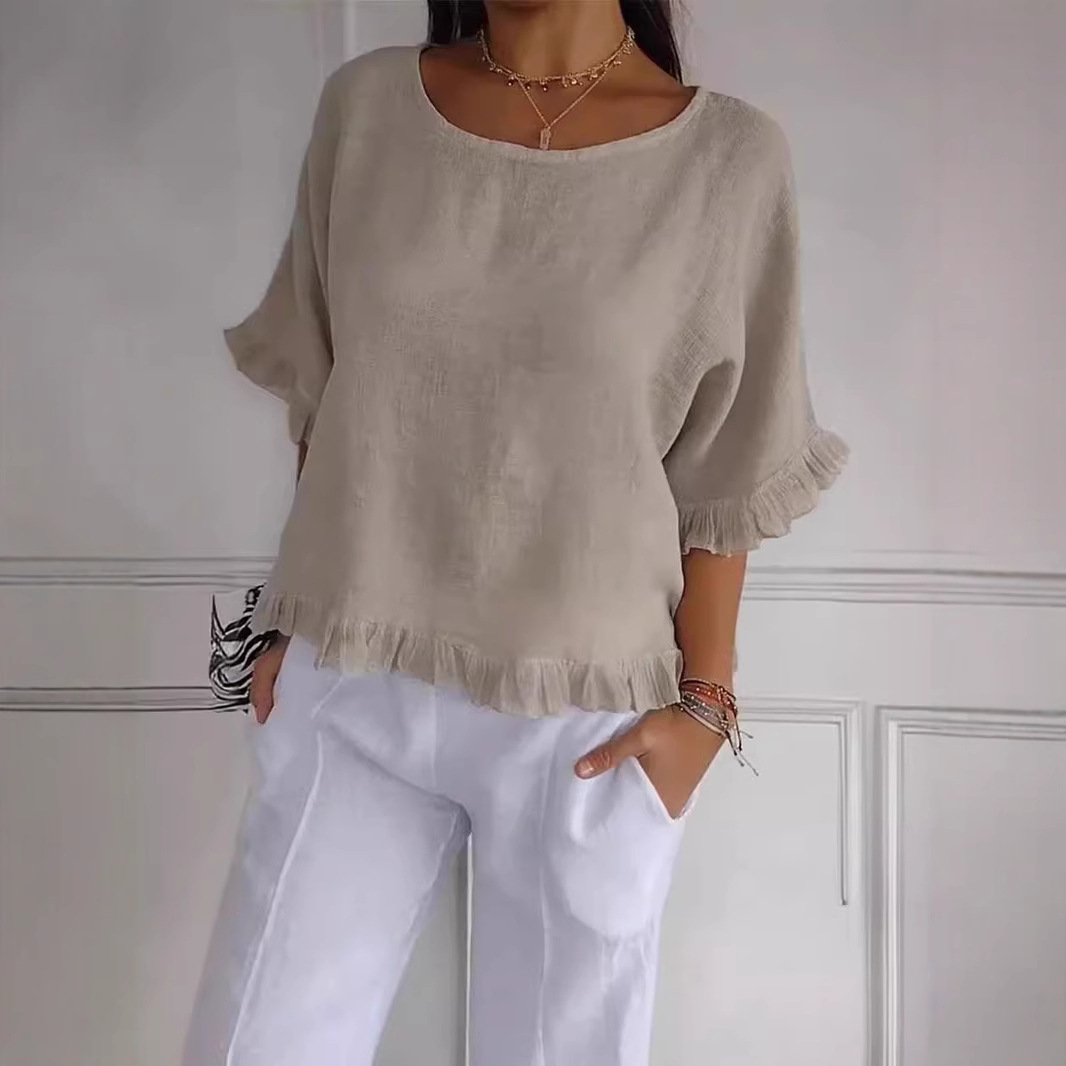 Amazon 2026 Summer New Independent Brand Solid Color Ruffle T-Shirt for Women, European and American Style Casual Short-Sleeve Top
