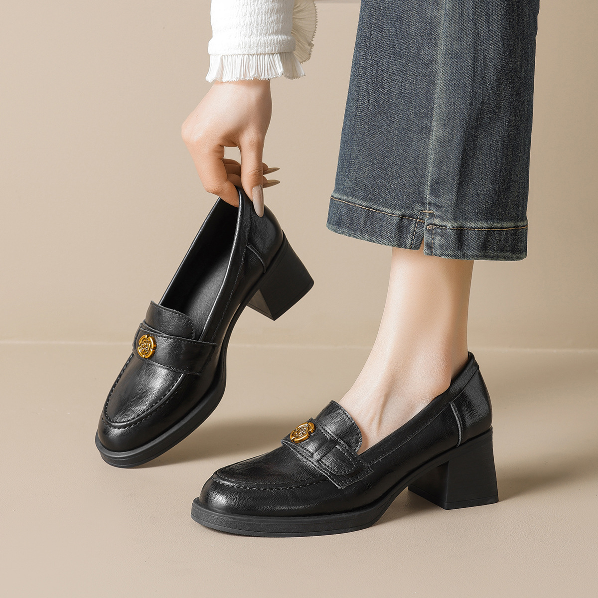 Weimei Girl 2026-2 High Heel Loafers for Women Camellia Retro Slip-On Thick Sole Chunky Heel Leather Shoes