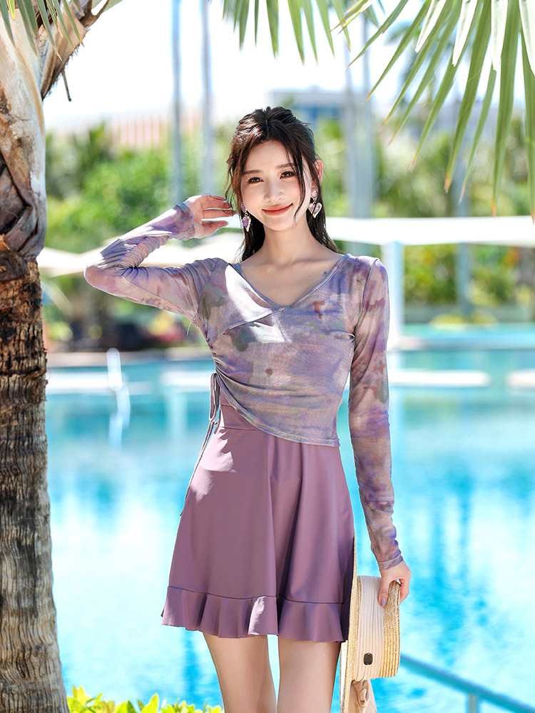 Solid Color Sling Tight Slim Conservative Long Sleeve Blouse Skinny White Sunscreen Fresh Goddess One-Piece Swimsuit