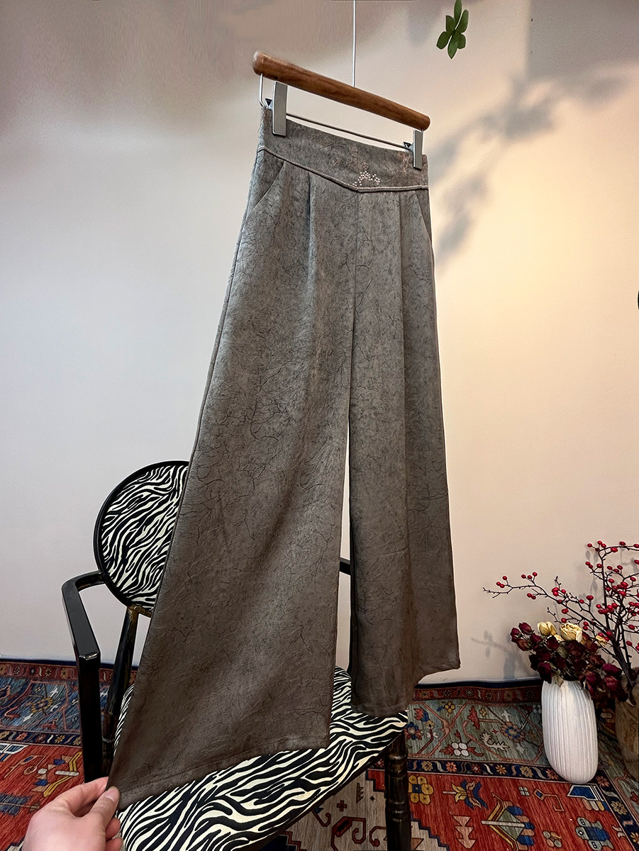 Spring 2025 New Glossy Satin Wide Leg Pants High Waist Embroidered Lightweight New Style Staggery Waist Casual Pants for Women