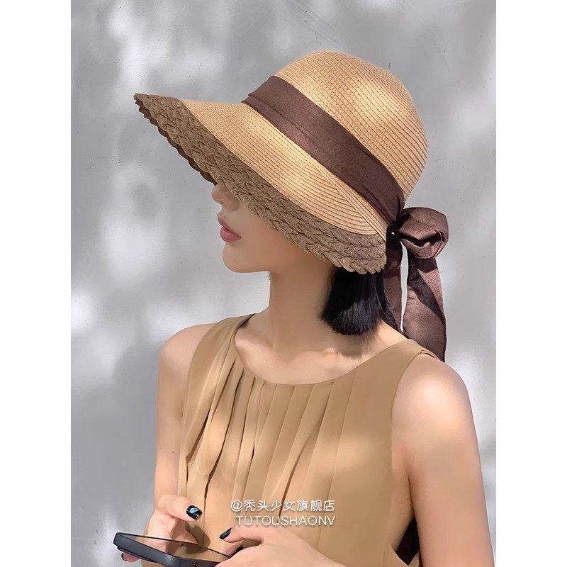 Bow Sun Hat for Women 2025 New Summer Vacation Style Outdoor Large Brim Anti-Uv Sunshade Straw Hat