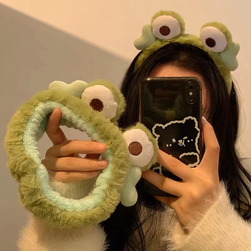 Funny Cute Green Big Eyes Frog Cartoon Plush Hair Hoop Women's Wash Face Apply Mask Special Hair Clamp Head Hoop Autumn and Winter