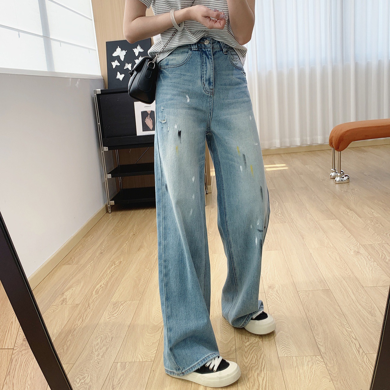 High-Waisted Slimming Ripped Graffiti Loose Straight Wide-Leg Pants for Women, Spring Long Pants, Floor-Length Jeans