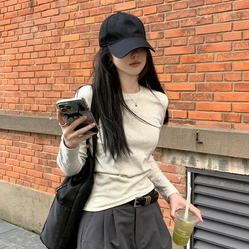 Crewneck Shoulder Long-sleeved T-shirt Women's Spring and Autumn New Design Sense Slim-fit Slimming Short Inner Top Base Shirt