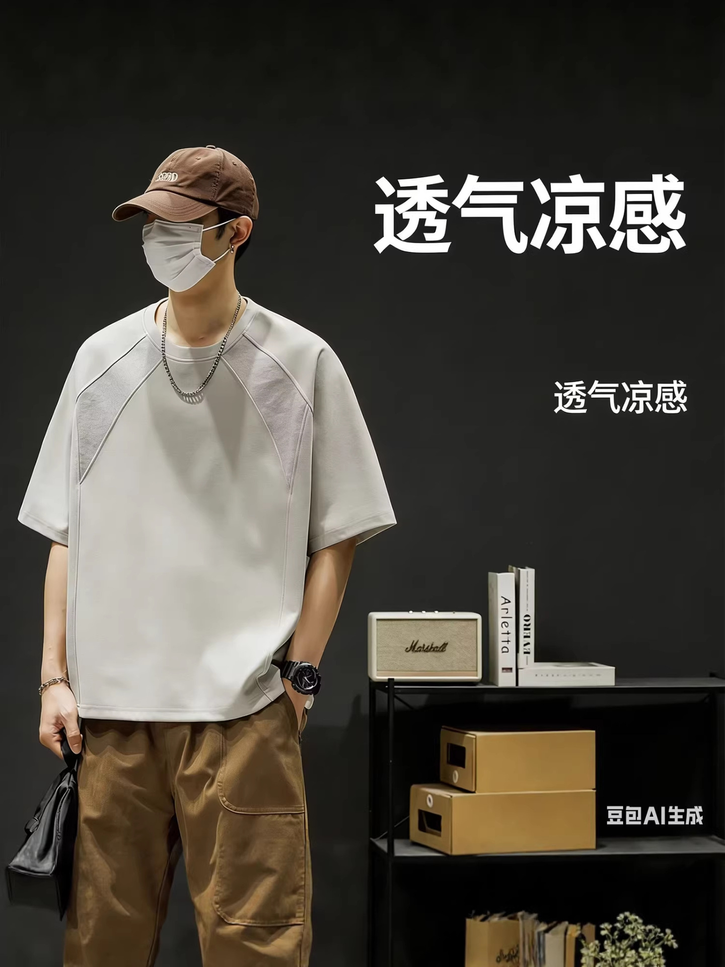 Summer Air Cotton Regular Shoulder Short-Sleeve Men's American-Style Casual Retro Small Neckline Ribbed Splicing T-Shirt Wholesale