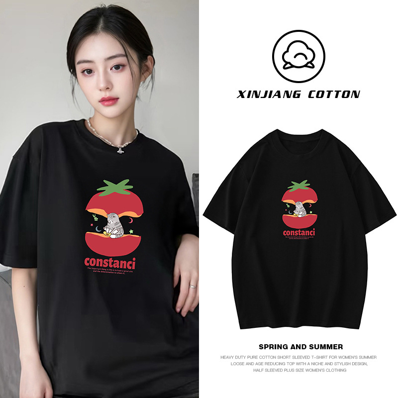 American Trendy Brand Heavyweight Pure Cotton Short-Sleeved T-Shirt Women's Loose Oversize Design Top Cat Print Half-Sleeve