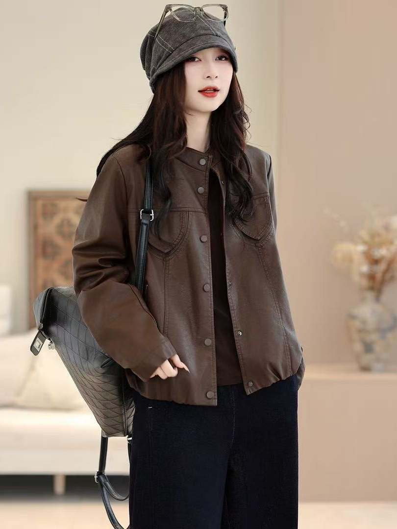 26 Spring Leather Jacket for Women, New Style Loose Casual Korean Version Long-Sleeve Leather Jacket Top Baseball Jacket