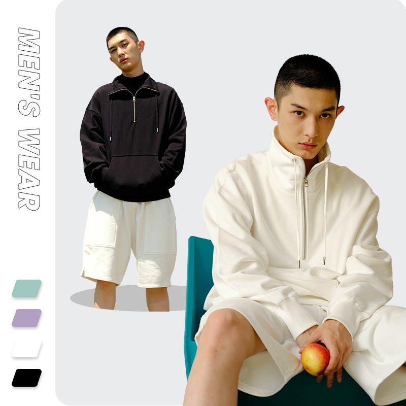 Autumn New Long-Sleeved Sweatshirt for Men, Loose-Fitting, Trendy Brand, Stand-Up Collar, Half-Zip, Solid Color Couple's Top, Trendy Sweatshirt