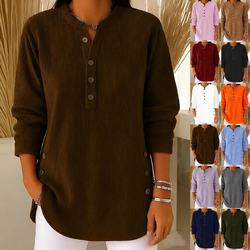 2026 Cross-Border European and American Autumn and Winter New Corduroy Solid Color Loose Casual V-Neck Button Long-Sleeved Women's Top T-Shirt