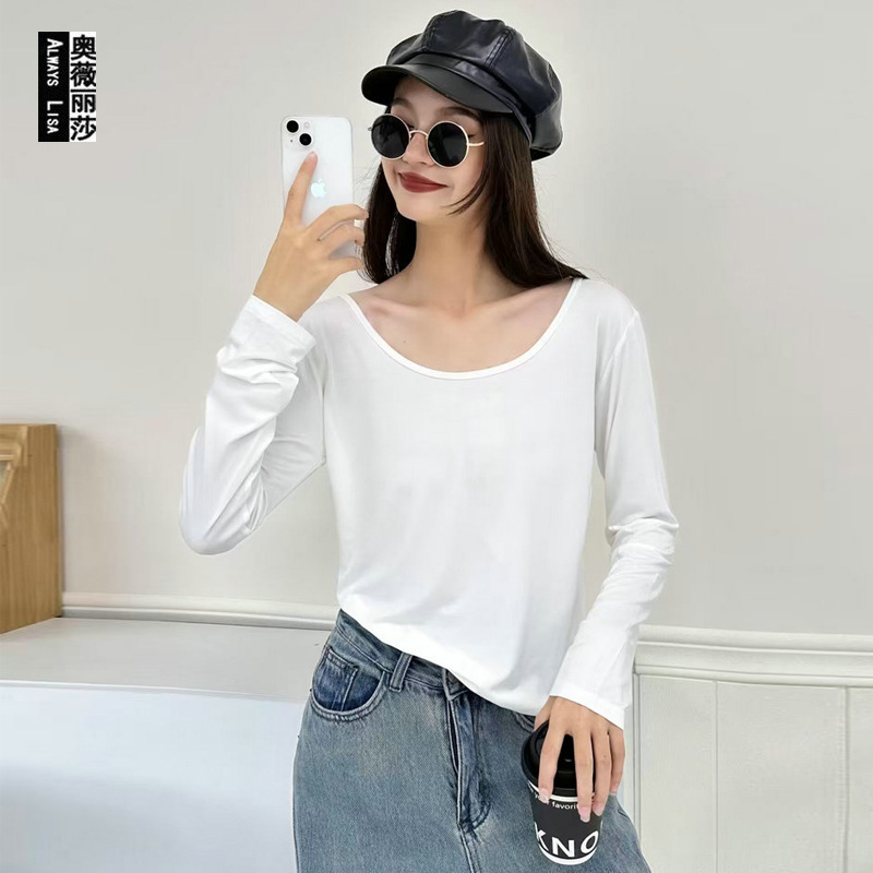 European and American Style Long-Sleeved T-Shirt, Eco-Friendly Double U-Neck Collarbone Base Shirt, New Spring and Autumn Women's Round-Neck Outerwear T-Shirt