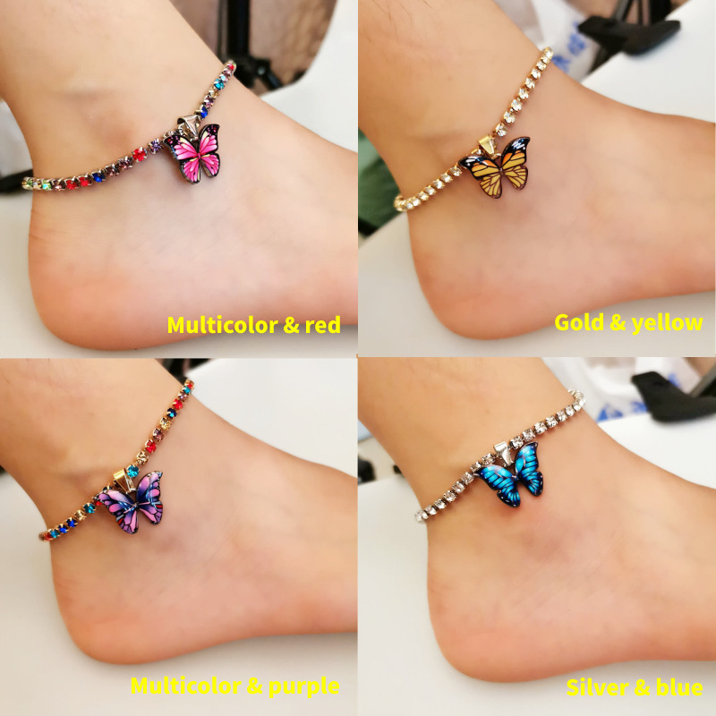 Longrui Cross-Border Creative Rhinestone Butterfly Pendant Anklet Popular Butterfly Element New Color Butterfly Anklet Wholesale