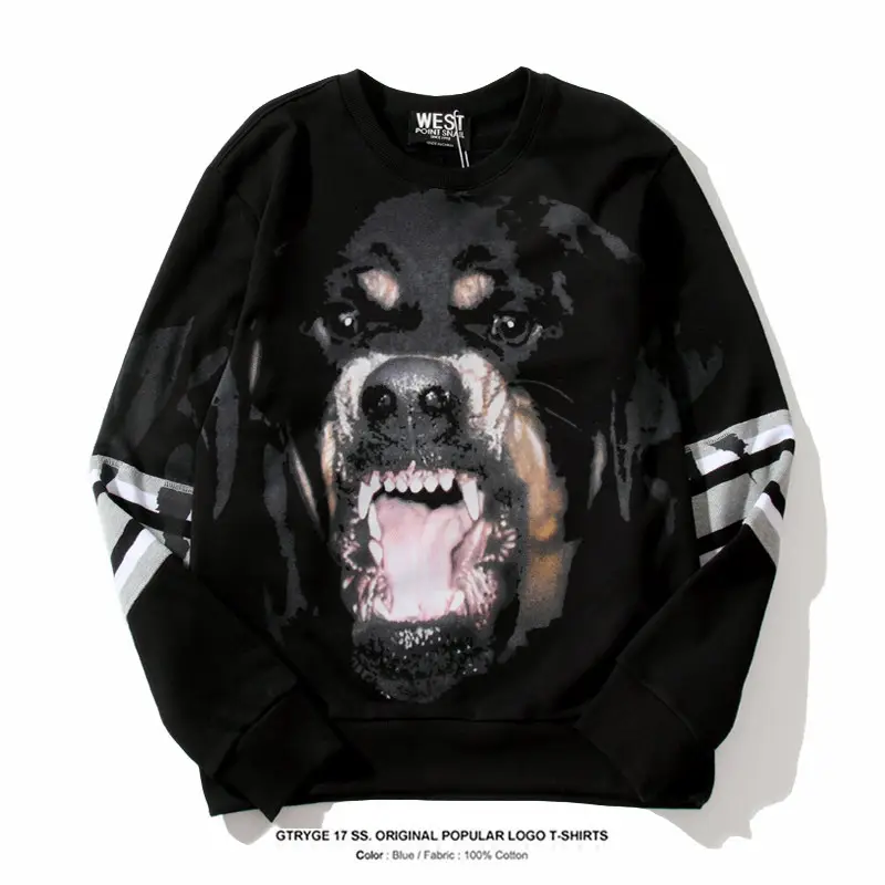 Autumn and Winter European and American Trendy Brand Rottweiler 3D Dog Head Patchwork Striped Pure Cotton Pullover Sweatshirt for Men and Women Couples Jacket