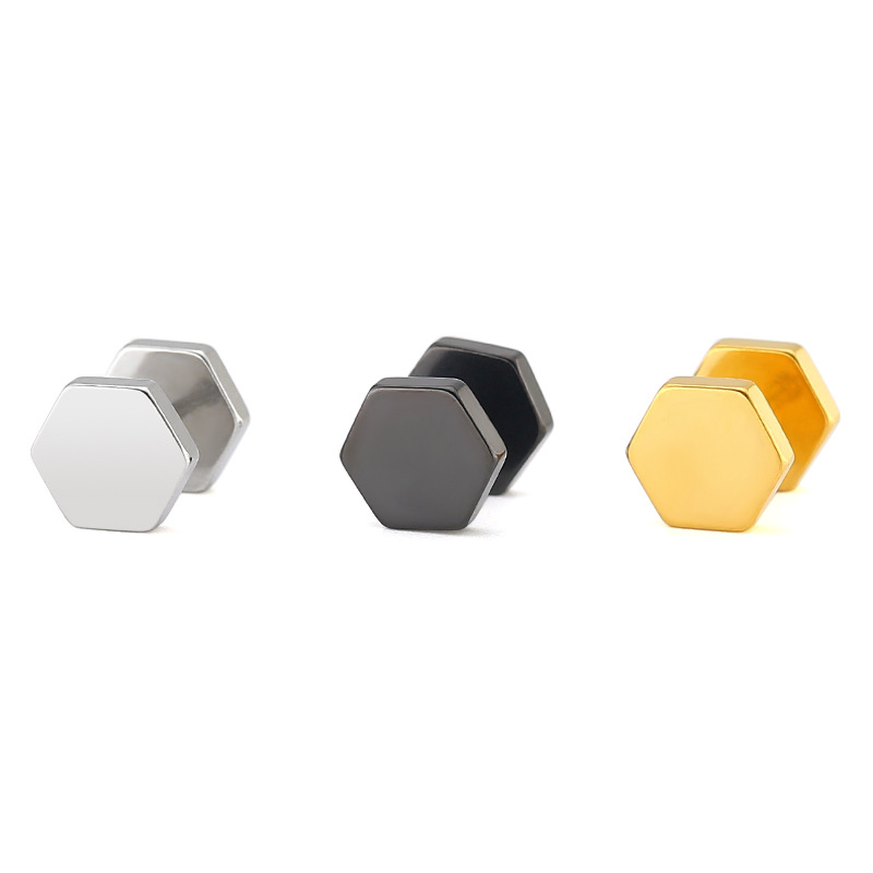 2023 Japan and South Korea simple personality fashion titanium steel geometric hexagonal ear nail ear bone Nail Manufacturers cross-border wholesale