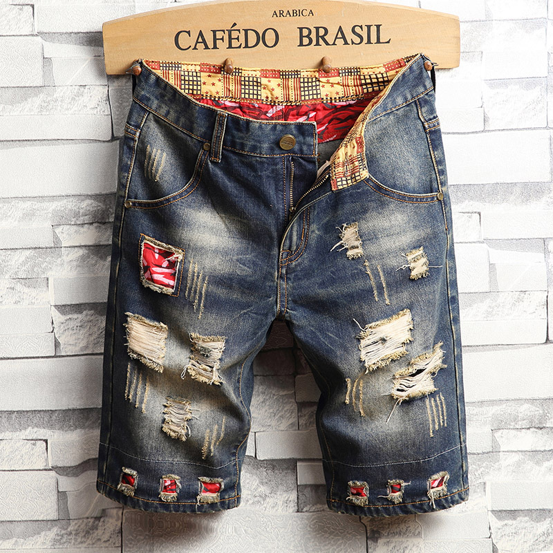 2025 Summer Denim Shorts Men's Trendy Brand Beggar's Rapped Pants Five-point Pants Loose Breeches Men's Pants