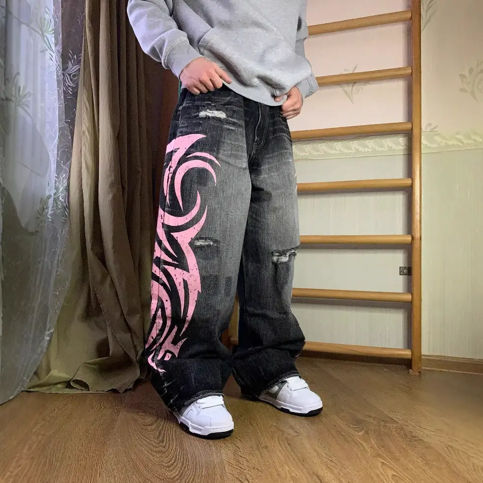 Jadedlondon American Vibe Printed Jeans for Men and Women, High Street Design Floor-Length Pants Cross-Border