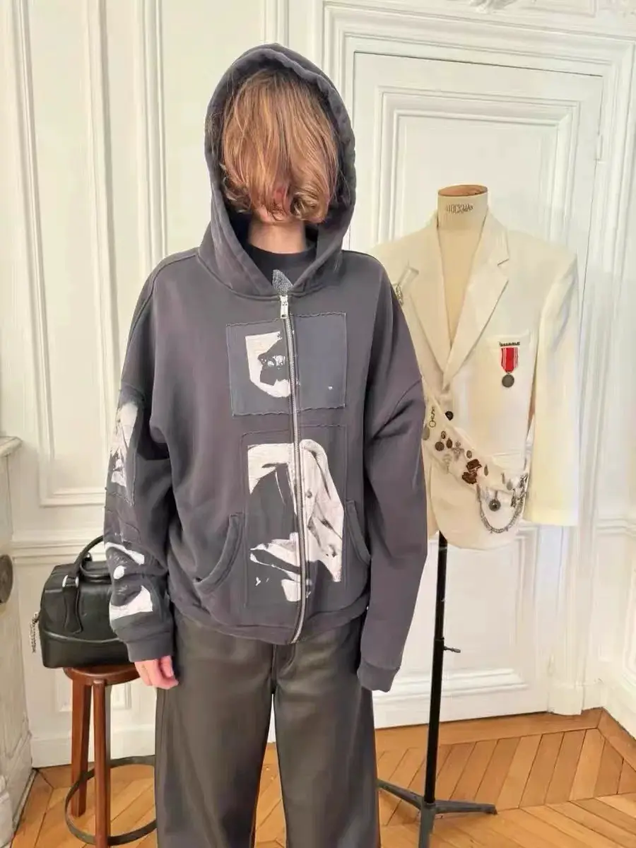 Erd24Fw Madonna Portrait Distressed Patchwork Short Wide Zipper Hooded Jacket Sweatshirt Unisex
