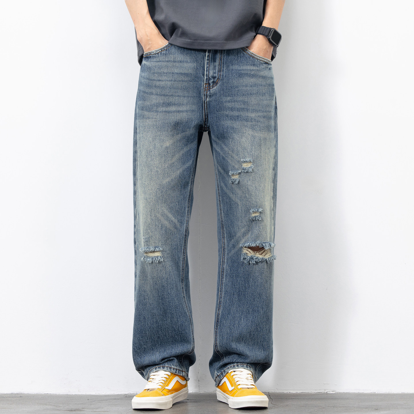 Japanese Style 2026 New Model Ripped Jeans for Men, High-End Vintage Washed Straight Loose Trendy Pants, Summer Thin Style